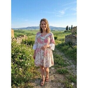 BOMBAY & PAISLEY Boho Floral Rose Dress Sequin Detail Lace Eyelet Sleeve Size M